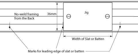 line graphic of the back of No-weld frame showing the placement and dimension of a jig for drilling the holes