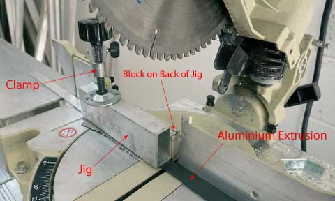 A jig clamped to a mitre saw with material fed in ready to cut.