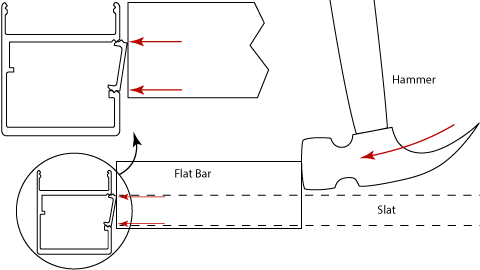 Line drawing of profile of No-weld frame with position of spacer and how it is tapped on.