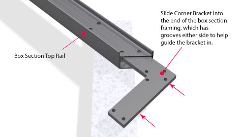 Close up of a corner bracket being inserted into the end of a rail