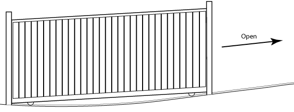 sliding gate with raked tp on a driveway that slopes across and is uneven