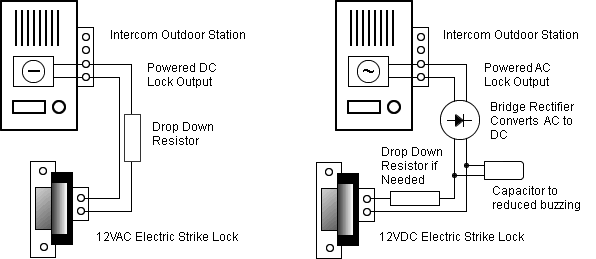 wiring diagrams for matching an AC or DC lock to an Intercoms output
