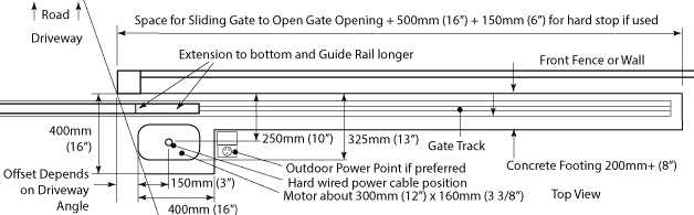 plan view of sliding gate footing dimensions with no guide post and driveway angled towards the motor