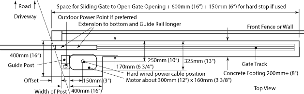 plan view of sliding gate footing dimensions with a guide post and driveway angled towards the motor