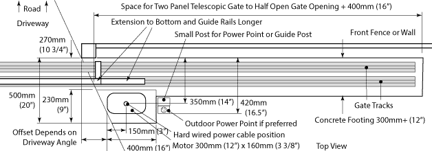 Dimensions of a two panel telescopic gate with angled driveway