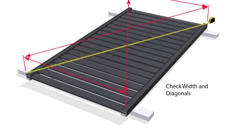 Gate with all slats fitted and a tape measure measuring the width and a second the diagonal